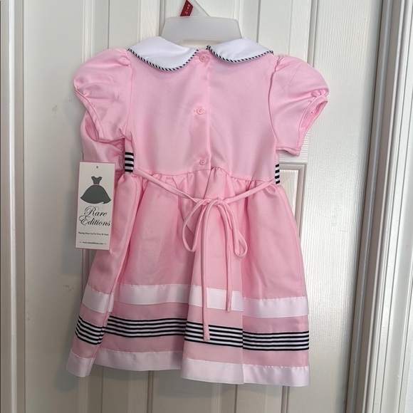 Rare Editions Pink Dress with Navy Striped Accents and Bow with matching hat - Picture 9 of 14